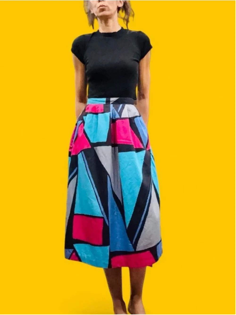 Vintage 1980s Jonathan Martin Naturals Geometric Colorblock Midi Skirt Pockets